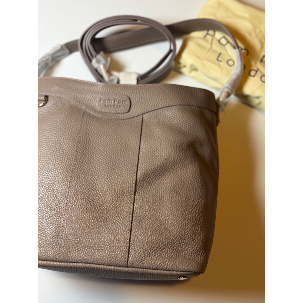 Pom Pom London Hampstead Leather Bucket Bag Mocha Taupe Crossbody Gold Hardware - Picture 3 of 11